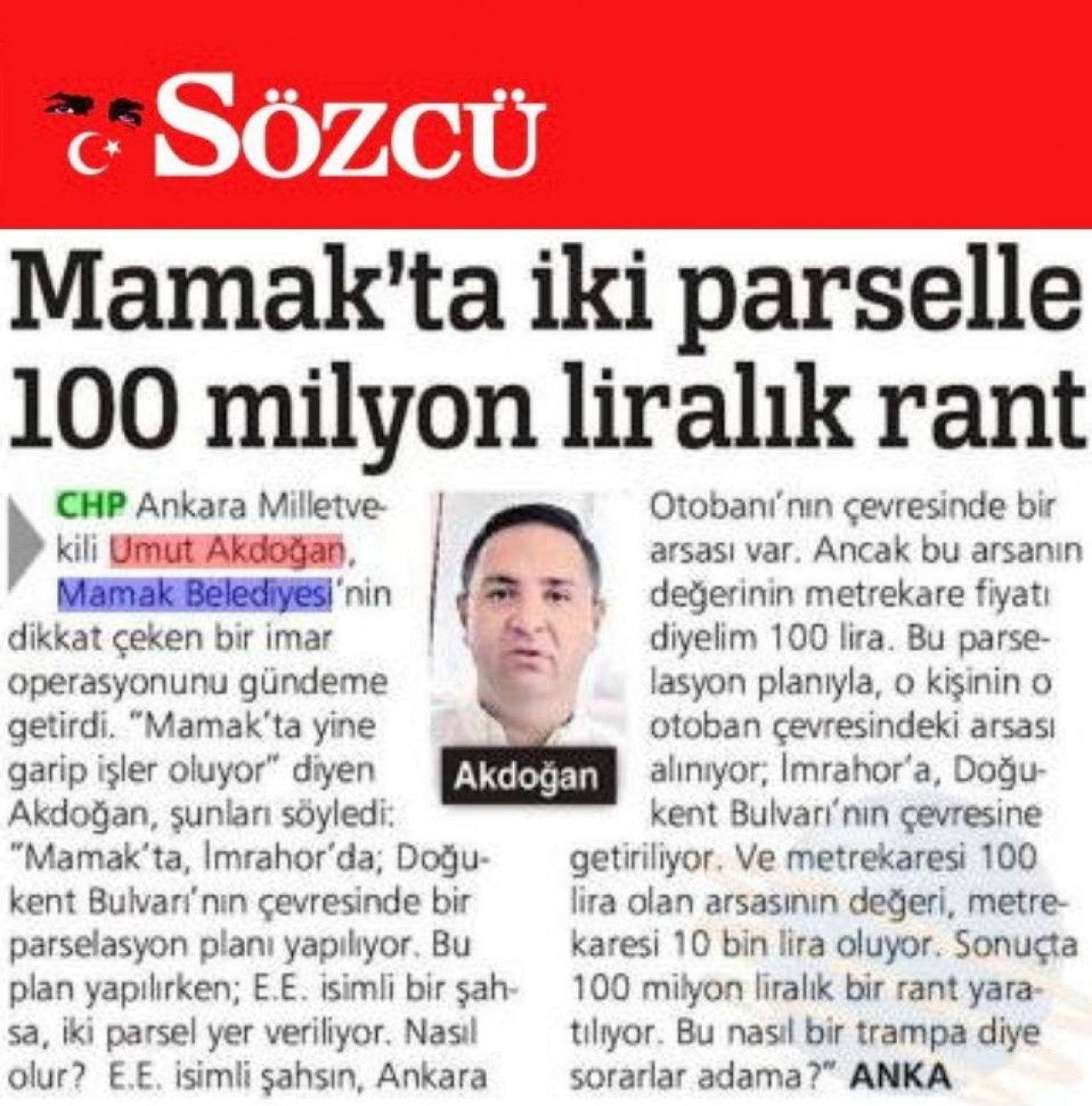 Mamak'ta iki parselle 100 milyon liralık rant